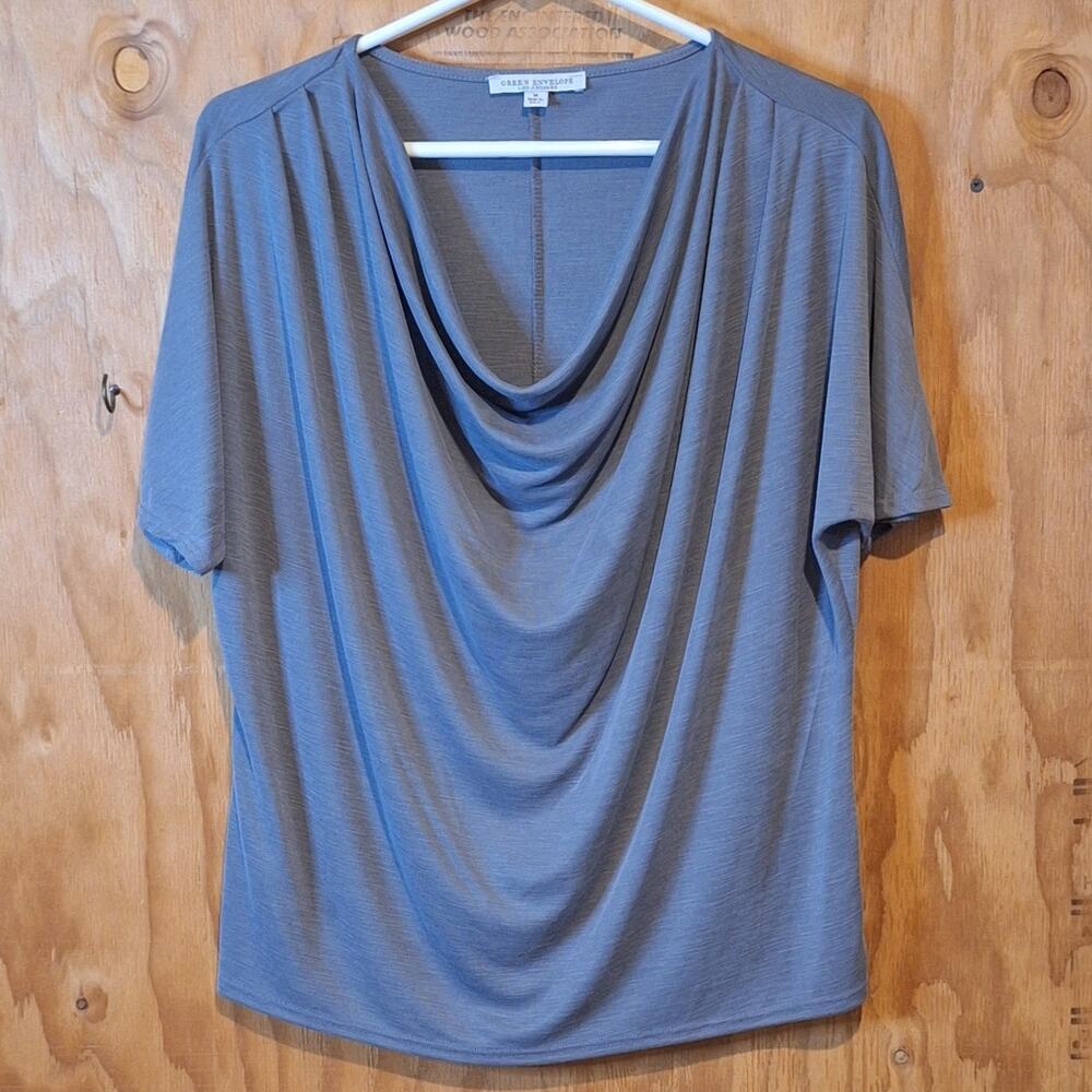 Green Envelope Shirt Women Medium Blue Gray Drape Neck Classiccore Office Summer